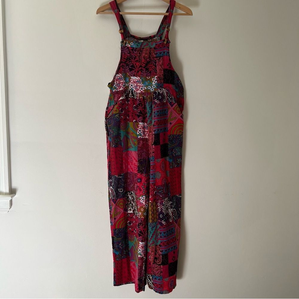 Patchwork Print Overalls Size Small Pockets Wide … - image 2